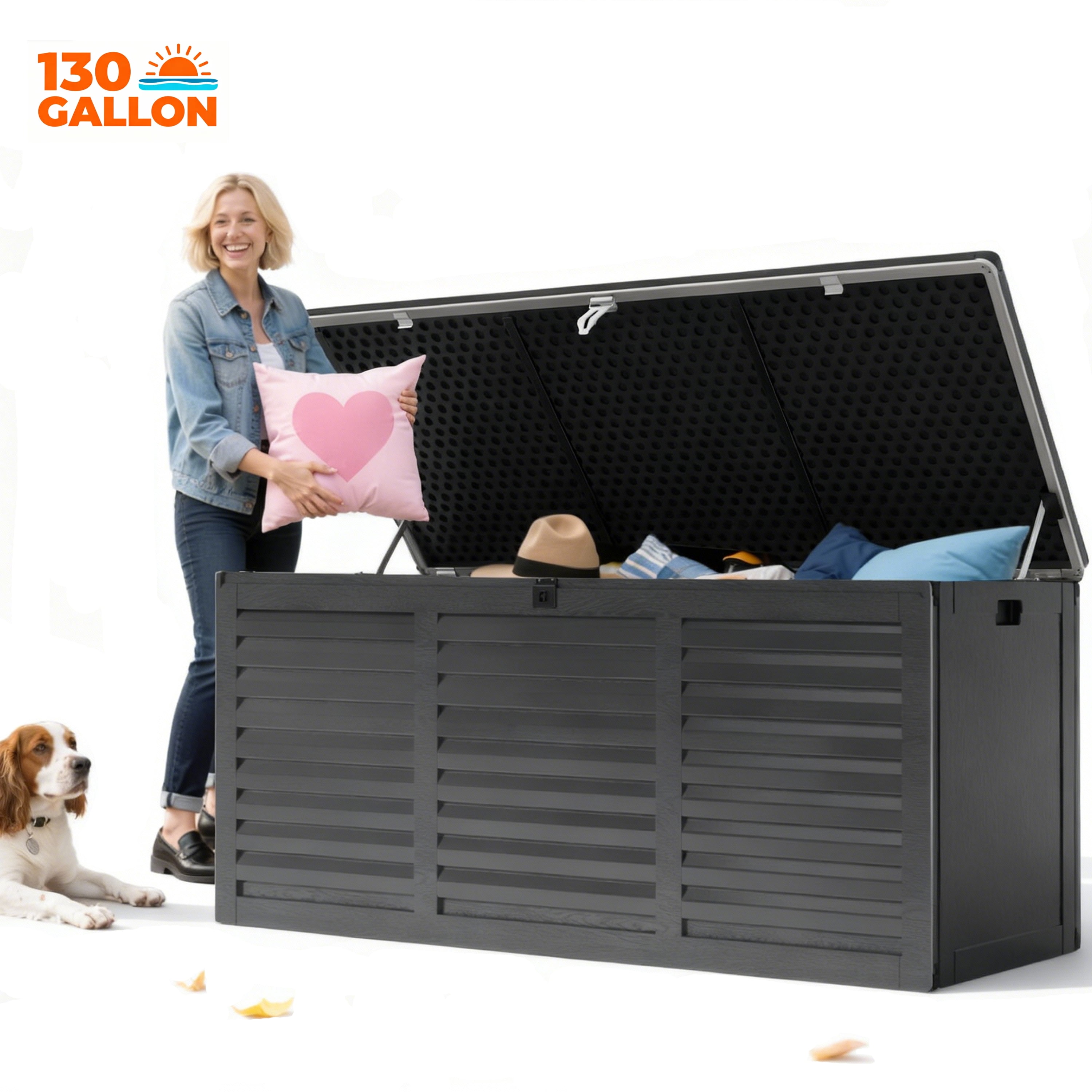 "Seizeen 130 Gallon Outdoor Storage Box, Waterproof Resin Deck Box, Black, Lockable, 57.7""x24""x25.3"