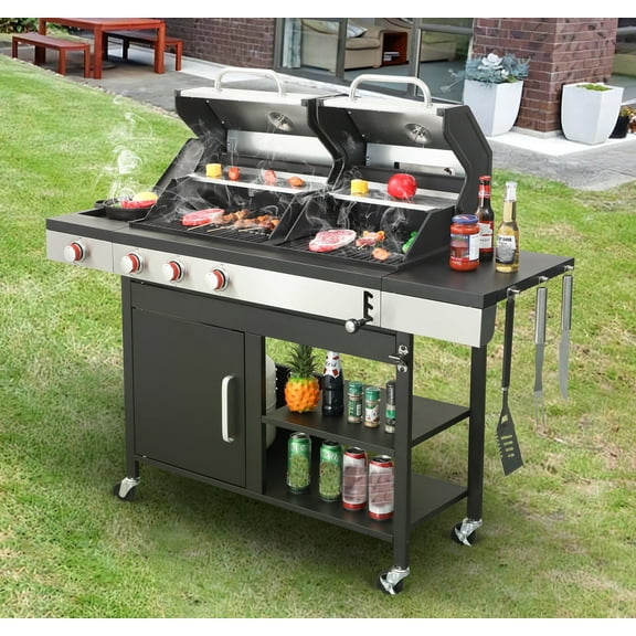 3-IN-1 Gas Grill Combo, Charcoal Grill Smoker Adjustable Height, 3-Burner Propane Gas BBQ Grill with Side Burner, Cast Iron Grid, 2-side Gribble, Storage Shelf, Adjustable Vent, Multifunctional Outdo