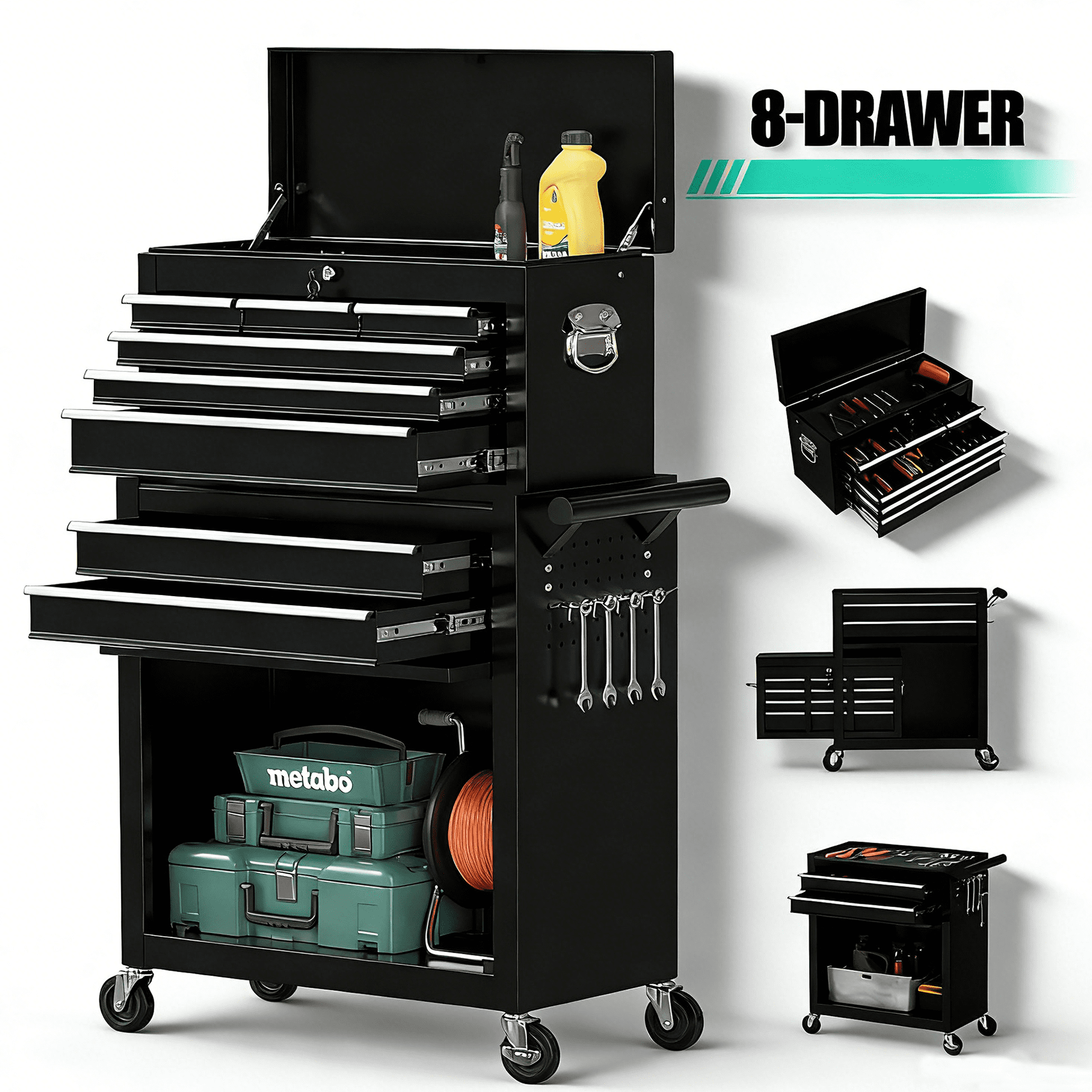 Seizeen 2-IN-1 Tool Chest & Cabinet, Large Capacity 8-Drawer Rolling Tool Box Organizer with Wheels Lockable, Black