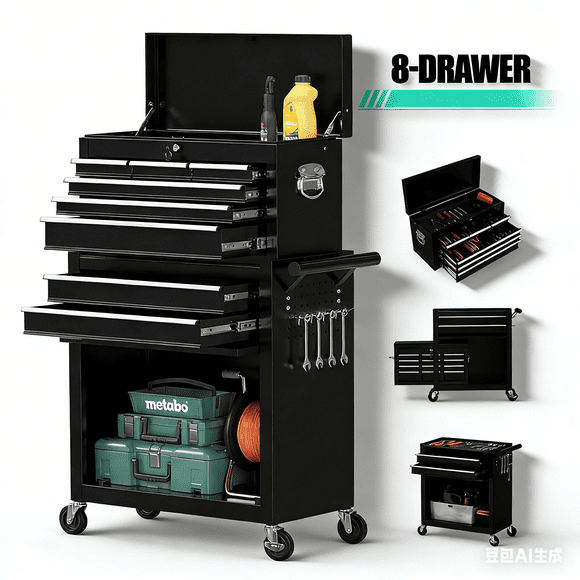 Seizeen 2-IN-1 Tool Chest & Cabinet, Large Capacity 8-Drawer Rolling Tool Box Organizer with Wheels Lockable, Black