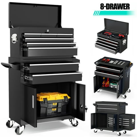 Seizeen 2-IN-1 Tool Box & Cabinet, Large Capacity 8-Drawer Rolling Tool Chest Organizer with Wheels Lockable, Black Metal Tool Cart Garage Storage