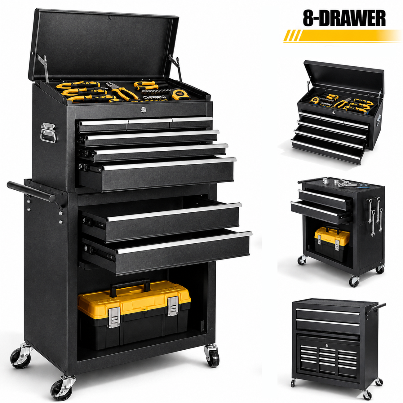 2-IN-1 Tool Chest & Cabinet, Large Capacity 8-Drawer Rolling Tool Box Organizer with Wheels Lockable, Black at Walmart