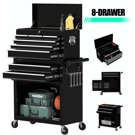 Seizeen 2-IN-1 Tool Chest & Cabinet, Large Capacity 8-Drawer Rolling Tool Box Organizer with Wheels Lockable, Black