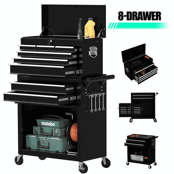 Seizeen 2-IN-1 Tool Chest & Cabinet, Large Capacity 8-Drawer Rolling Tool Box Organizer with Wheels Lockable, Black