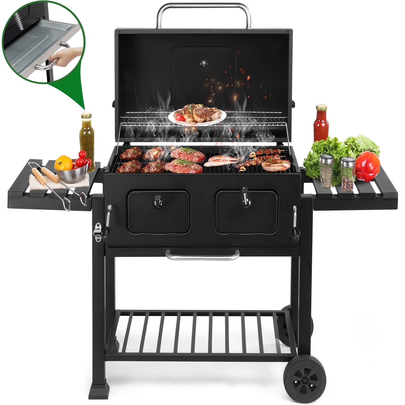 Seizeen Charcoal Grill, Extra Large Portable BBQ Grill on Wheels w/30'' Cooking Area, Outdoor Camping Grill with Adjustable Pan, Foldable Side Table, Shelf,  Picnic Patio Garden and Backyard Grilling