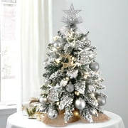 Tabletop Christmas Tree, Pre-lit Mini Christmas Tree with Light String, Small Xams Flocked Artificial Tree with Rich Ornaments, Balls, Gold Pinecones, Bow, Silver Star, for Desk Room Bedroom