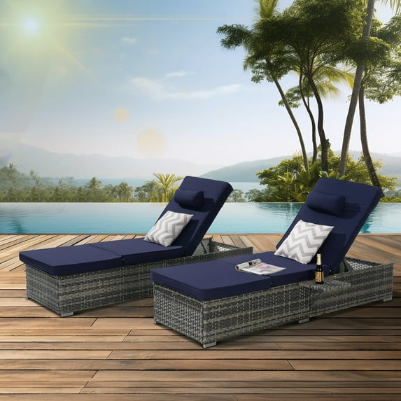 Seizeen 2pcs Chaise Lounge Chair, Rattan Wicker Outdoor Lounge Chair for Patio Poolside, All-weather Recliner for Beach w/Navy Cushion, Pillow, Back Adjustable