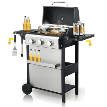 Seizeen 3-Burner Propane Gas Grill, 25650BTU Stainless Steel Grill on Wheels, Outdoor Patio Camping Barbecue Grill w/Foldable Side Table, Hanging Basket, Electronic Ignition, Thermometer