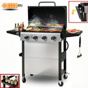 40000BTU Propane Gas Grill, Seizeen Stainless Steel 4-Burner BBQ Grill , Outdoor Patio Camping Portable Grill w/Foldable Side Table, Hanging Basket, Steel Brush, Universal Wheels