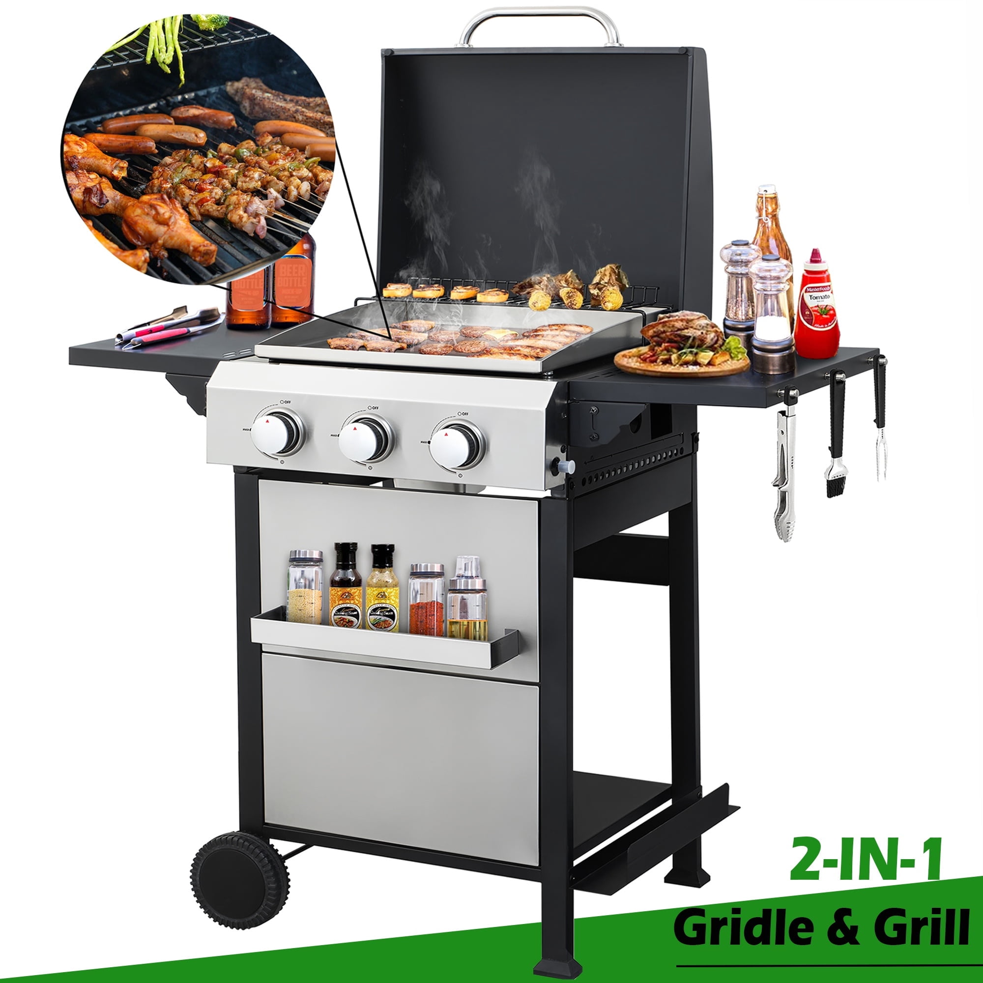 Seizeen 3-Burner Propane Gas Grill, Outdoor 2-IN-1 BBQ Grill & Griddle, Portable Combo Grills Stainless Steel, W/Two Foldable Shelves, Two Cooking Areas, Wheels