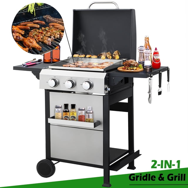 Seizeen 3-Burner Propane Gas Grill, Outdoor 2-IN-1 BBQ Grill & Griddle, Portable Combo Grills Stainless Steel, W/Two Foldable Shelves, Two Cooking Areas, Wheels