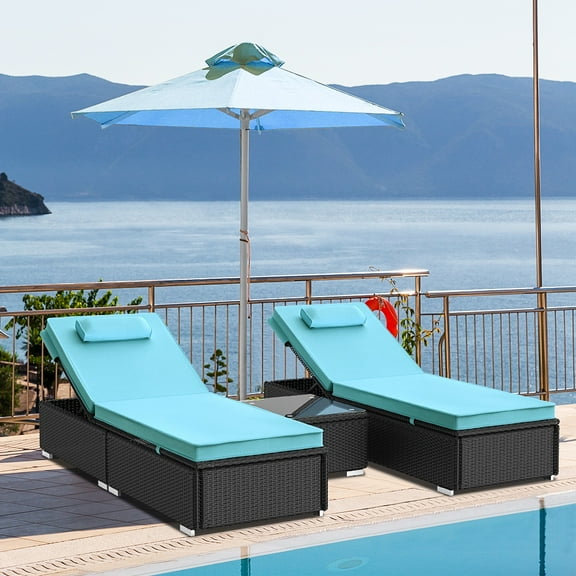 Seizeen 3 PCS Lounge Chair Set, Outdoor PE Rattan Adjustable Chaise Lounge Sets with Table for Poolside Deck Patio, 2 Set, Blue Cushions
