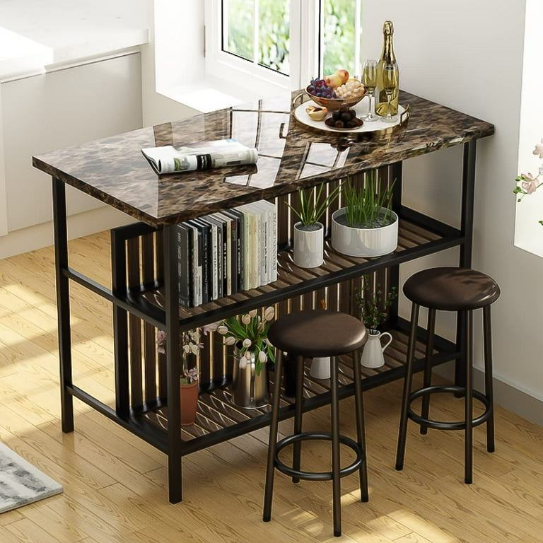 Seizeen 3 Piece Kitchen Island Set Counter Height Bar Table Set with Faux Marble Top Breakfast Dining Table Set with 2 Stools and 2 Tier Shelves Pub Dinette Set for Small Spaces Coffee