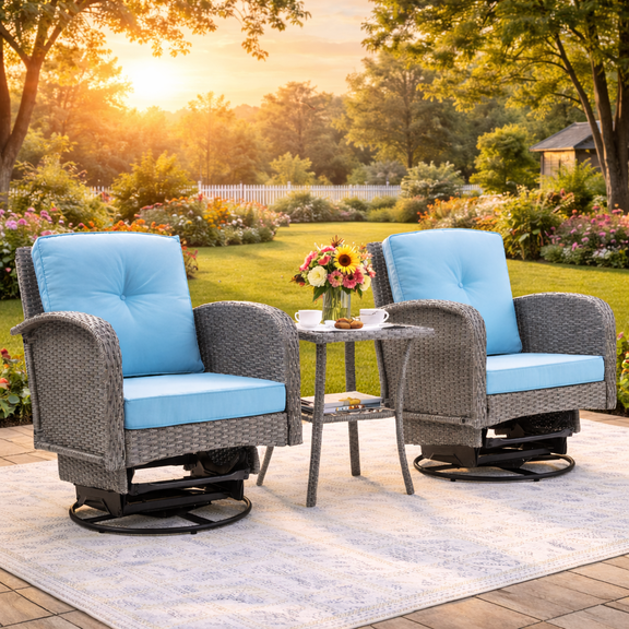 3 Pieces Patio Furniture Set, Outdoor Chair Set of 2 with Coffee Table, Porch Poolside PE Rattan Wicker Bistro Bar Set Cushioned, Heavy-duty Steel Frame Rattan Swivel Gliders Conversation Set