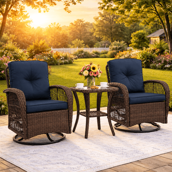 3 Pieces Patio Furniture Set, Outdoor Chair Set of 2 with Coffee Table, Porch Poolside PE Rattan Wicker Bistro Bar Set Cushioned, Heavy-duty Steel Frame Rattan Swivel Gliders Conversation Set