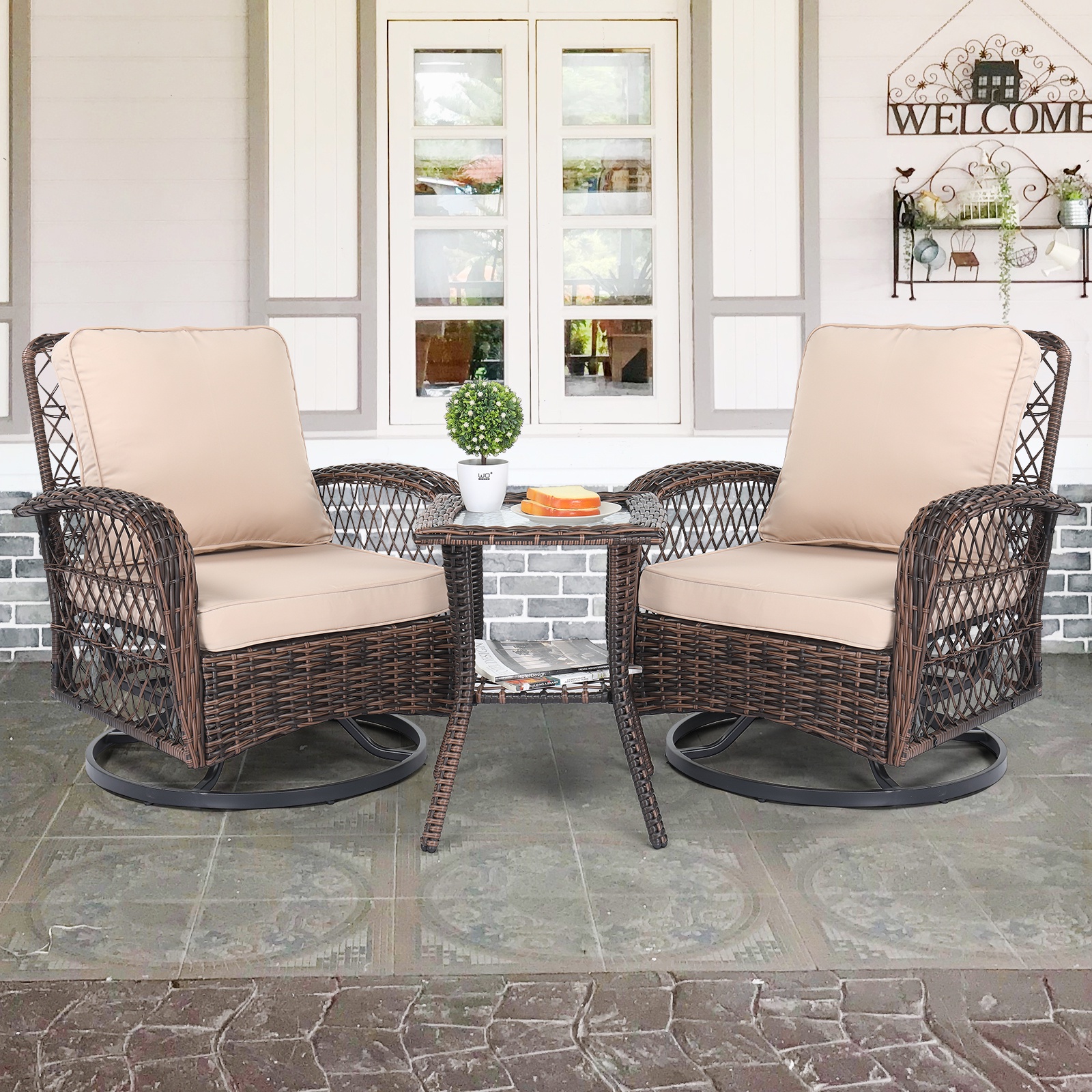 Clearance 3-Piece Outdoor Porch Furniture, Hollow Rattan Wicker Patio ...