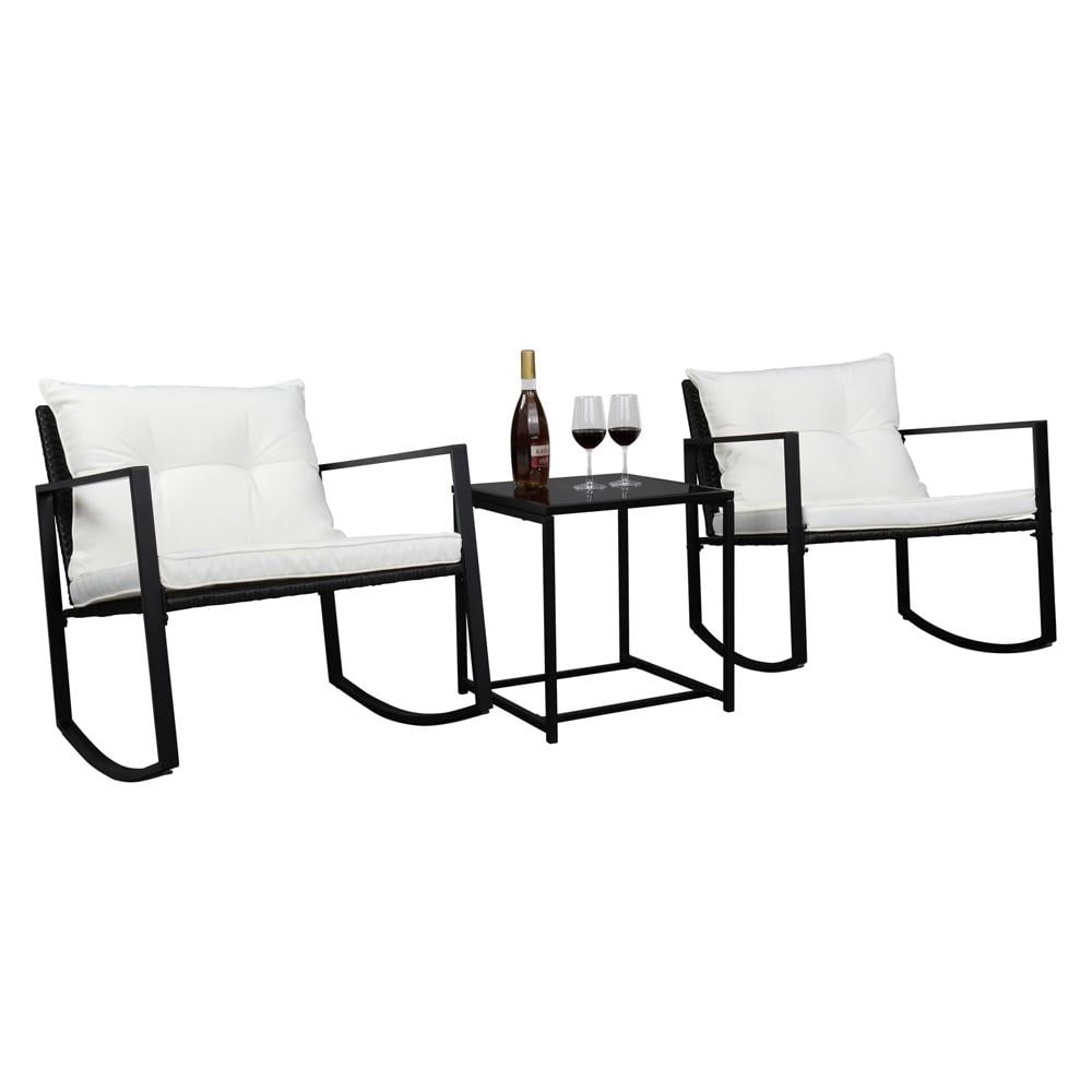 Black and White Wicker Rocking Chair Set with Glass Table