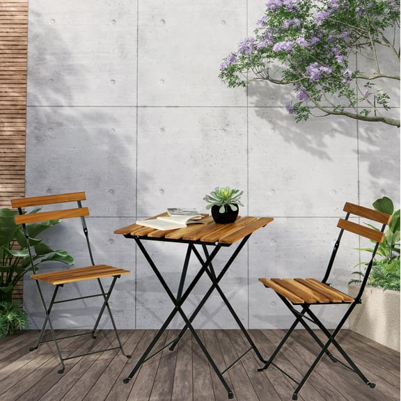 Seizeen 3 Pieces Outdoor Bistro Set, Solid Wood Folding Table and Chairs, Wood Small Patio Furniture Set with Cushion for Balcony Garden Porch, Brown