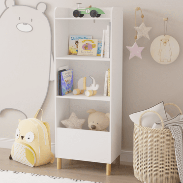 Seizeen 3 Shelves Movable Rack Kids Modern Standard Bookcase, MDF White, 18.5" x 11.8" x 51.18"