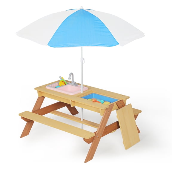 Seizeen 3-in-1 Sandbox & Water Table for Kids, Wood Outdoor Picnic Table with Umbrella, 2 Play Boxes, Removable Top Sand Water Picnic Tables for Garden, Backyard, Beach Play