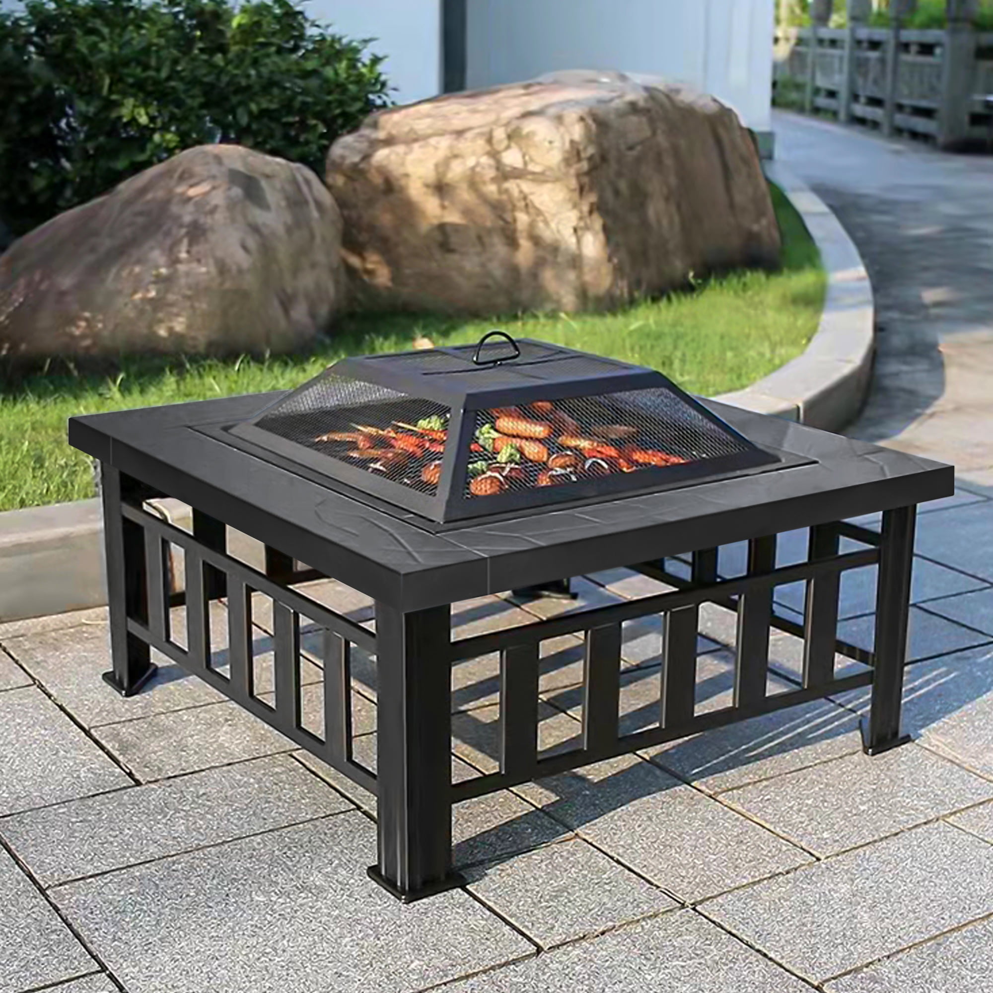 32-Inch Black Square Metal Wood Burning Fire Pit Table