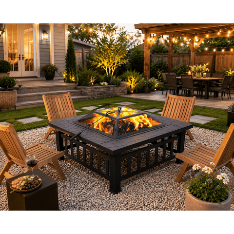 32'' Wood Burning Fire Pit, Outdoor Metal Fire Pit Table with Mesh Screen Lid & Poker, Stone Pattern Patio Fireplace for Backyard, Garden, BBQ, Heating, Square