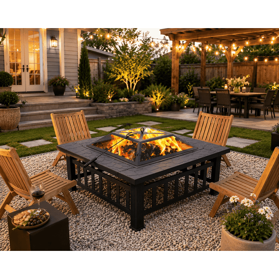 32'' Wood Burning Fire Pit, Outdoor Metal Fire Pit Table with Mesh Screen Lid & Poker, Stone Pattern Patio Fireplace for Backyard, Garden, BBQ, Heating, Square