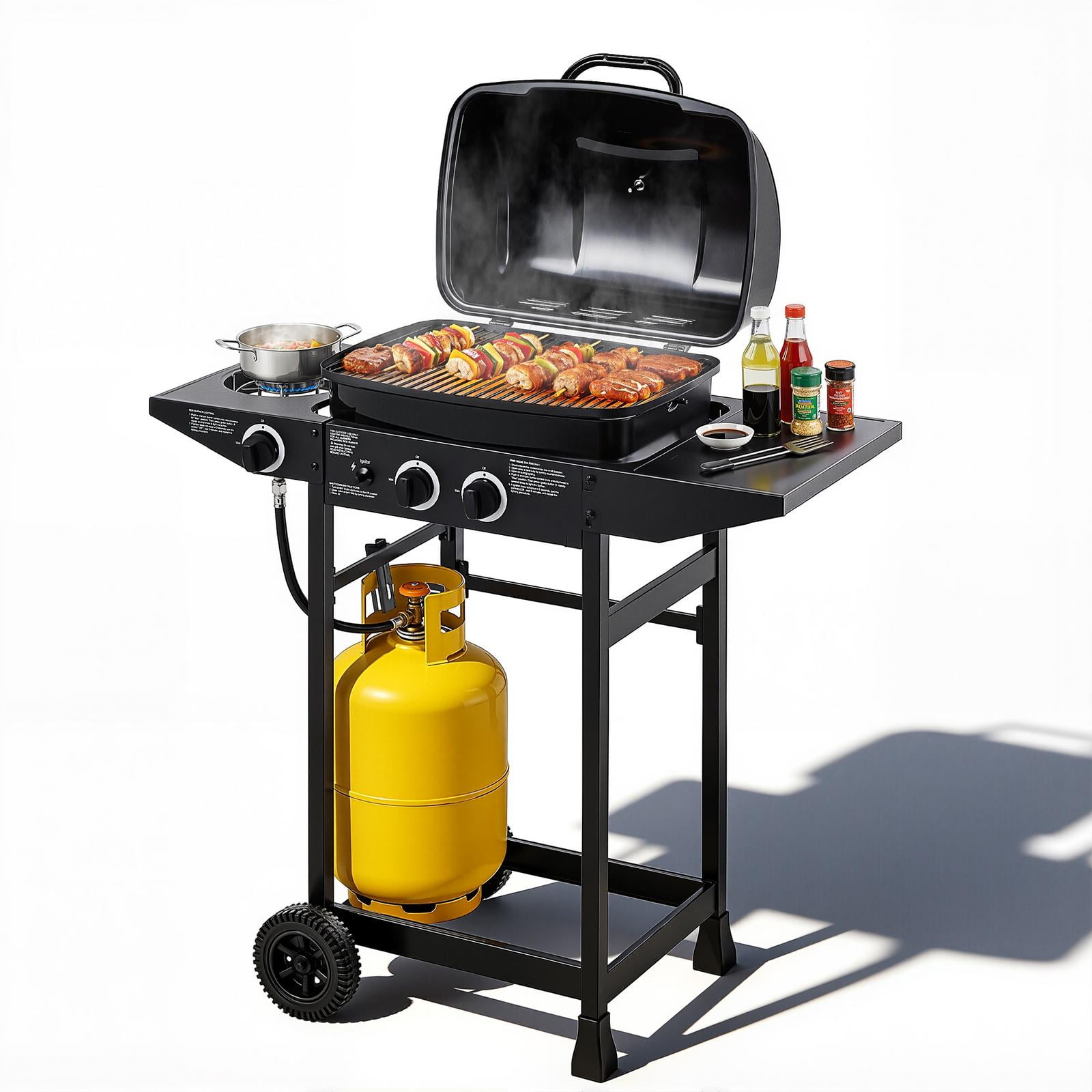 Seizeen 2-Burner Gas Grill Outdoor BBQ with Side Burner, Stainless Steel Propane Grill 24000 BTU Output, Barbecue Grill with Enameled Grate and Side Tables for Outdoor Patio Backyard Cooking