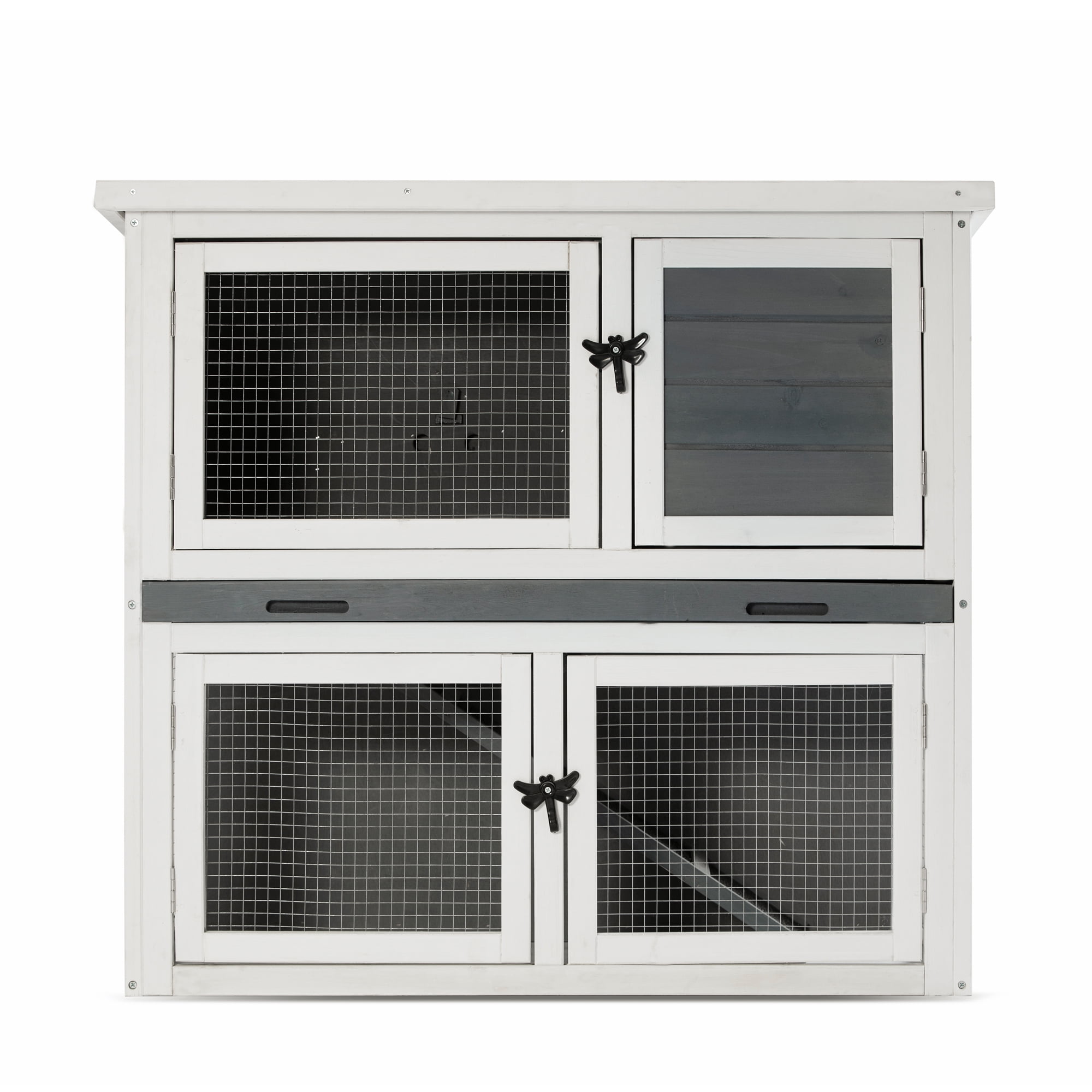 Seizeen 36 inch Rabbit Hutch, Two-layer Wooden Bunny House with Climbing Ladder, Plastic Pull-out Tray, Openable Roof and Lockable Door, Indoor Outdoor Pet Cage for Small Animals(Gray/White)