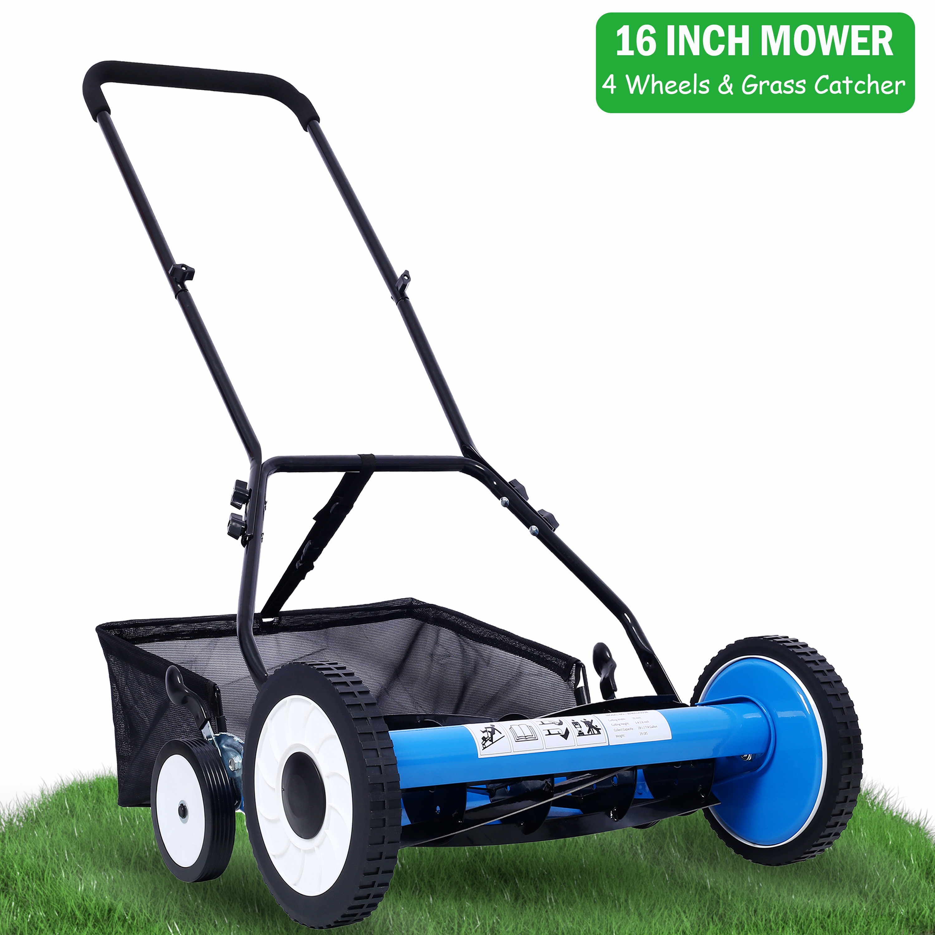 Reel Mower, 14Inch Push Lawn Mower with 5-Blades, Walk-Behind Reel Lawn Mower with 8gal Grass Catcher, Manual Lawn Mower with Bag, 0.6’’-1.8’’ Height Adjustable, Blue
