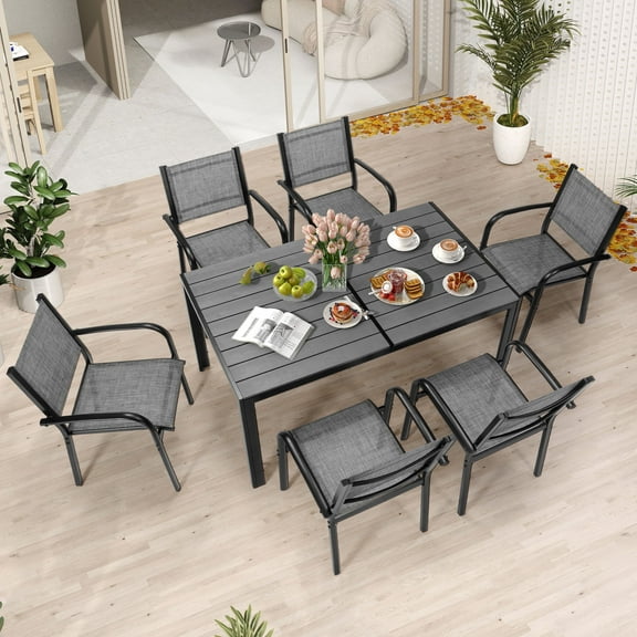 Patio Dining Set of 7, Outdoor Table and Chairs Textilene Design, Patio Furniture with Rectangle Plastic-wood Table, Space-saving Dining Table Set Stackable Design, Gray