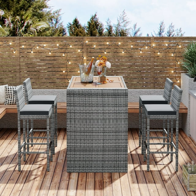Seizeen 5 Pcs Outdoor Bar Set, Patio Wicker Furniture Set with Storage Table, Wood Bar table & Cushioned Chairs with Backrest for Bistro Backyard Porch Garden Poolside, Gray