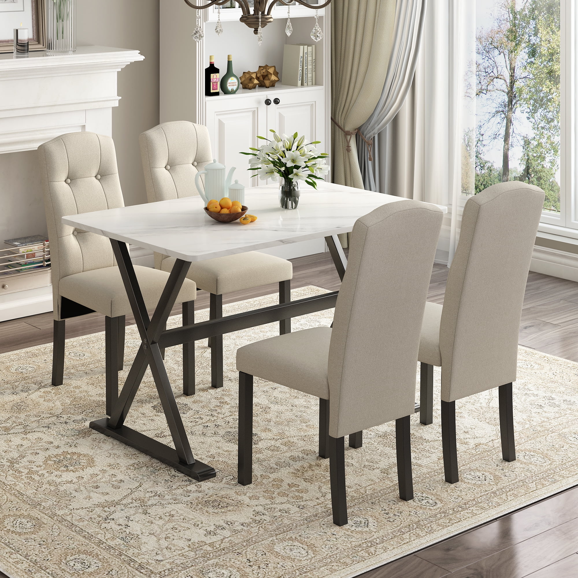 Seizeen 5 Piece Dining Table Set, Kitchen Table Set with Faux Marble Tabletop and Upholstered ...
