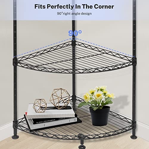 Seizeen 5 Tier Corner Shelf Stand, Adjustable Corner Metal Wire Shelving Unit Corner Bookshelf