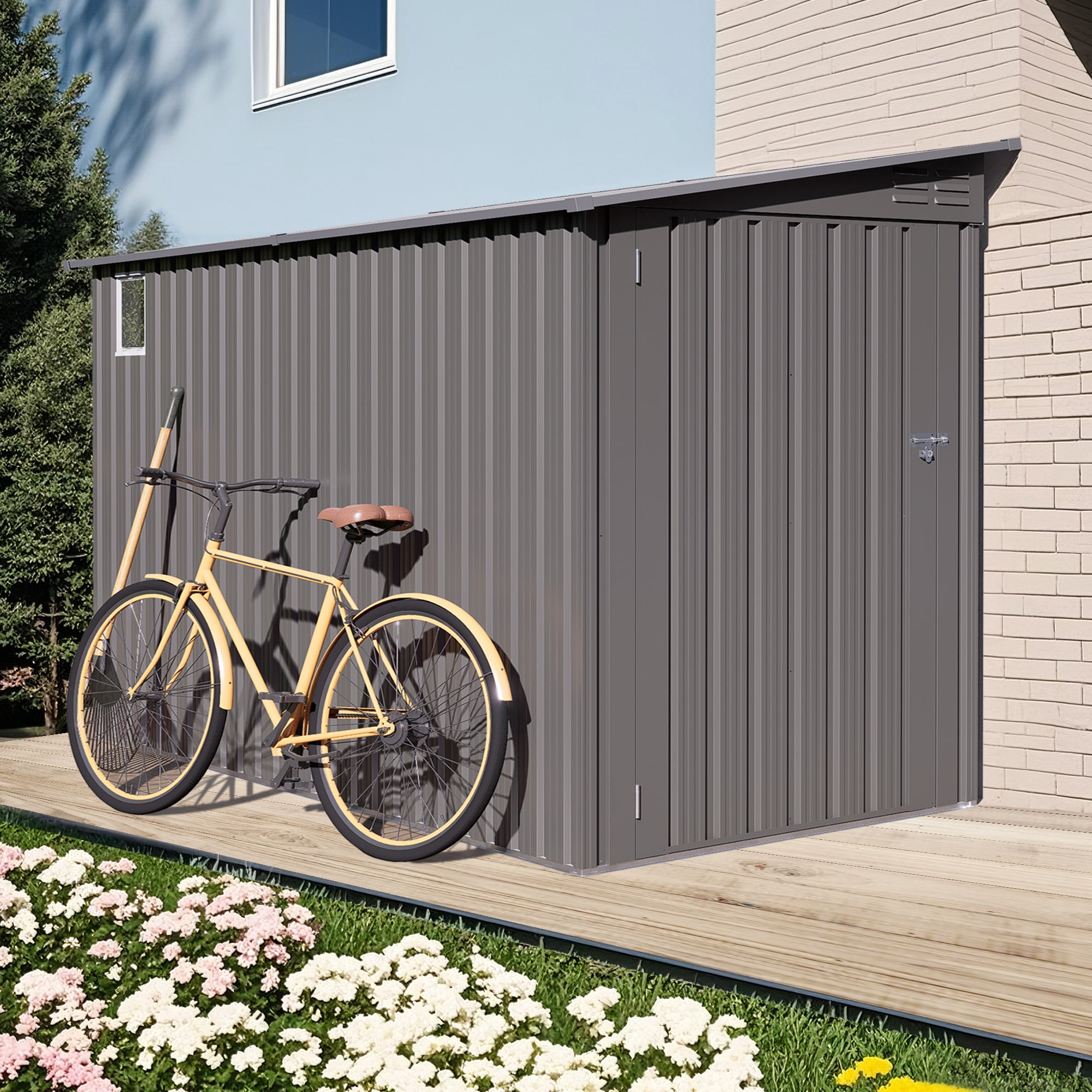 9ft Outdoor Storage Shed, Waterproof Garden Tool Shed, Space-saving Lean-to Shed Wall Side Design, Sloping Roof, Reinforced Frame, with Window and 6 Air Vents, Lockable Patio Shed for Backyard
