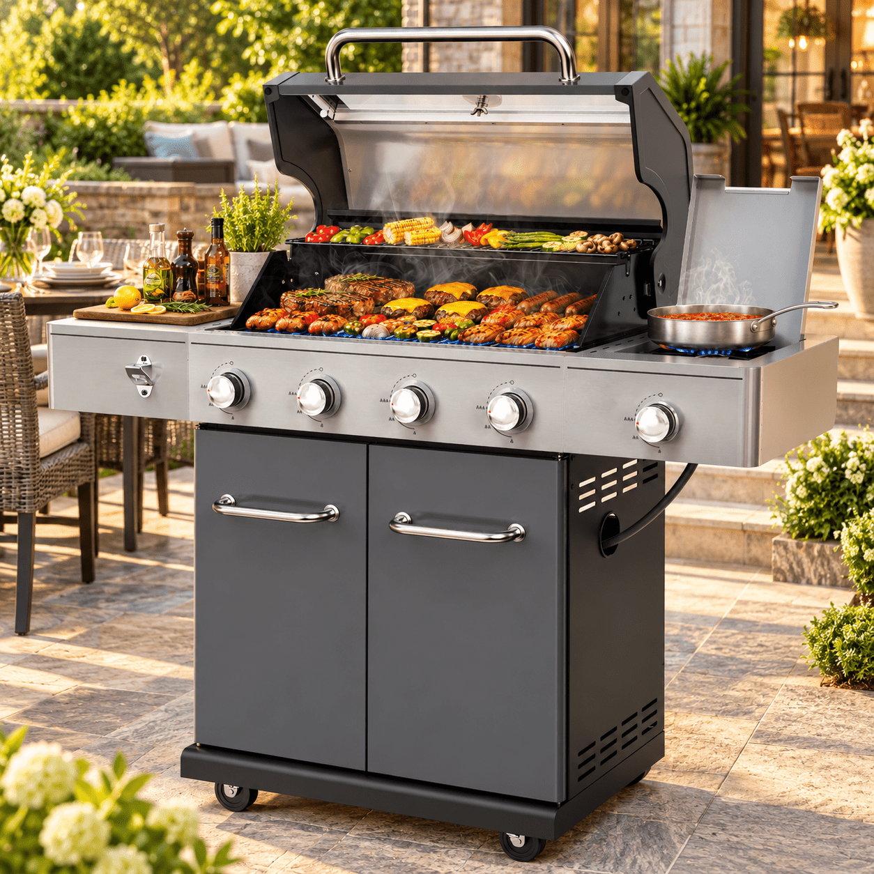 Window Graters Seizeen 56,000 BTU Outdoor BBQ Grill, 4-Burner Propane Gas Grill with ...