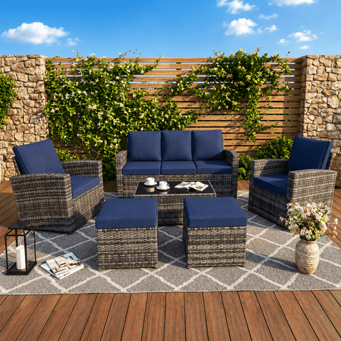 Seizeen Patio Furniture Set on Sale, 6-PCS Outdoor Sectional Sofa Table Set with Ottomans, PE Rattan Wicker Conversation Set with Cushions for 5 Persons, Nevy
