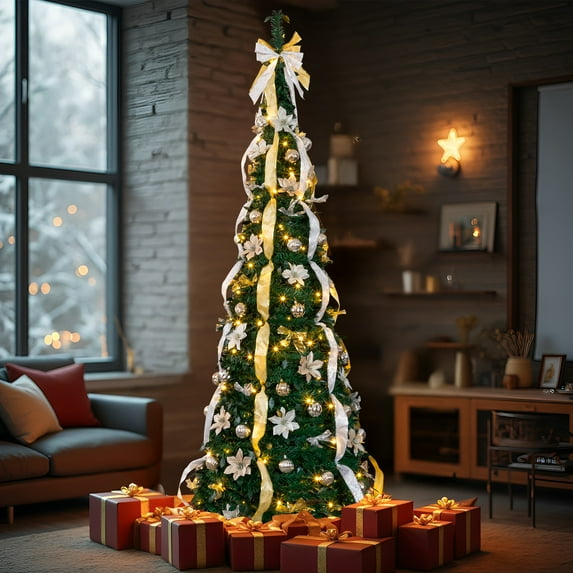 7FT Artificial Christmas Xmas Trees with Color-changing Lights, Lighted Christmas Tree W/170 LED Lights, Pop Up Pre-Lit Christmas Trees with 8 Light Modes and Rich Ornaments