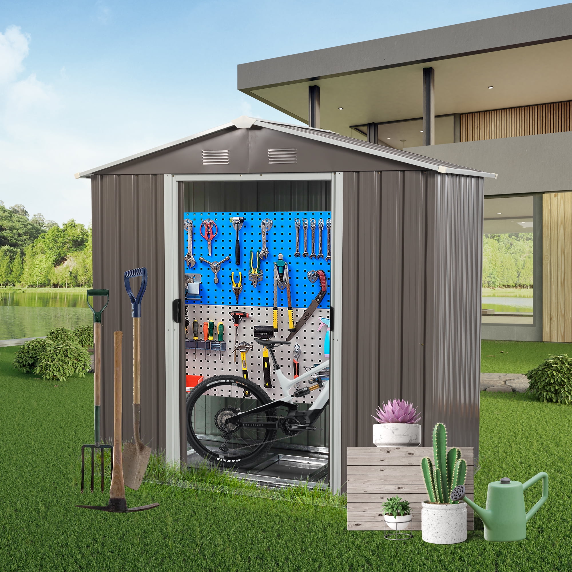 Seizeen 8' x 4' Outdoor Metal Storage Shed, Garden Tools Shed with Pad-lockable Sliding Doors, Patio Storage Shed for Gardening Tools, Trash Can, Lawn Mower, Bike, Gray