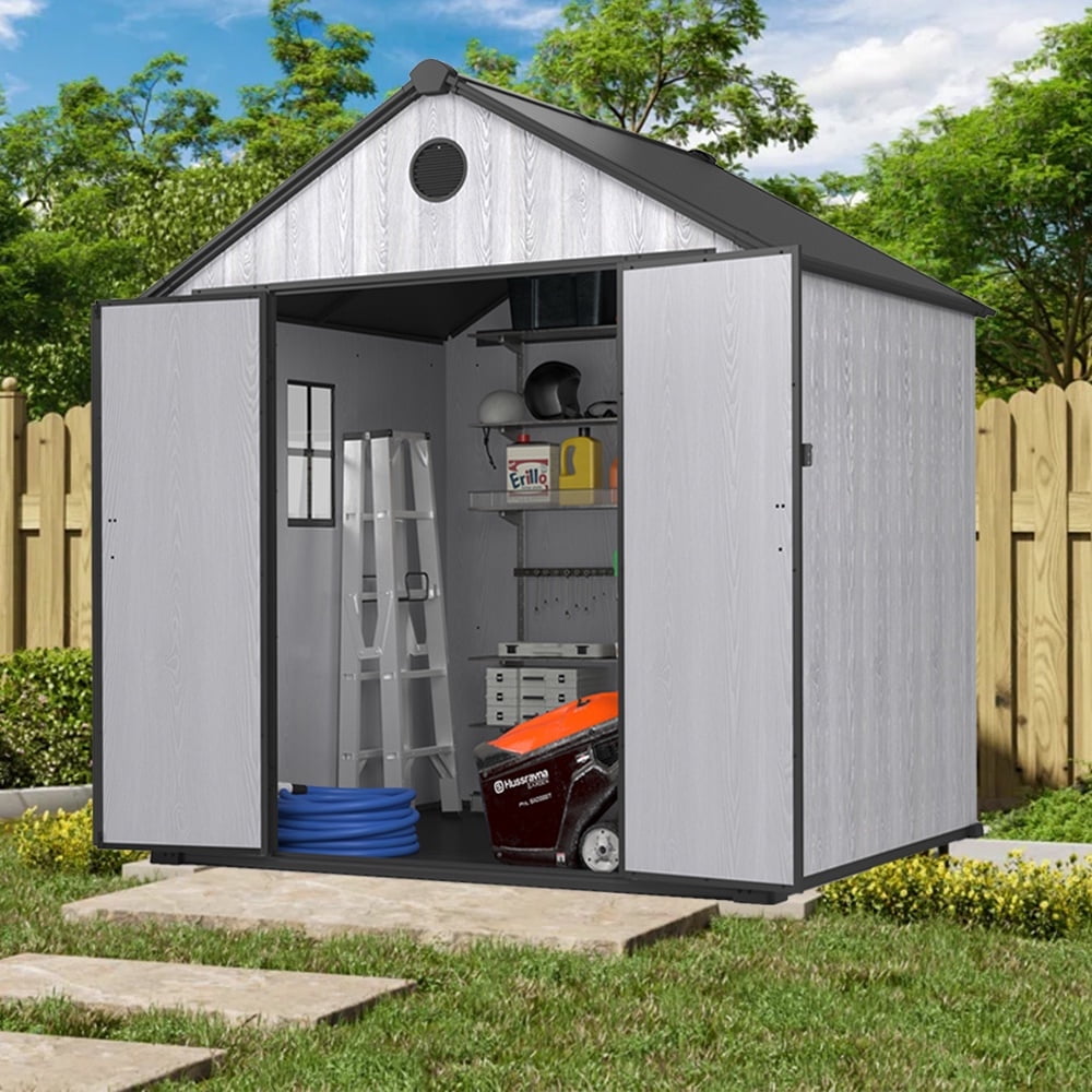 8x8FT Shed CLEARANCE, All-weather Plastic Shed XL Size with Floor, Tool Bike Storage Shed for Garden Yard, Double Vent, Drainage Hole, Multi-purpose Outdoor Storage