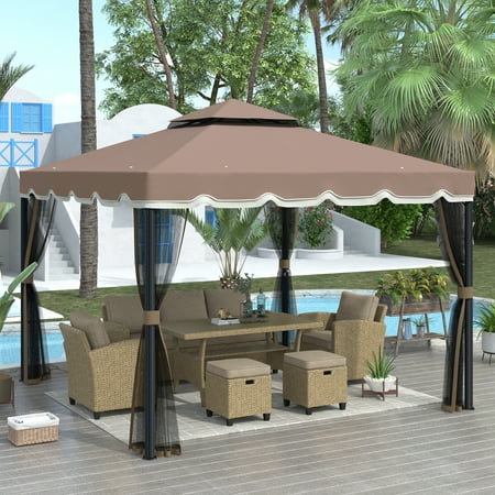Seizeen 9.8FT x 9.8FT Gazebo Canopy Tents for Outside, 2-Tier Top Patio Gazebo Canopy w/360° Mosquito Net, Brown