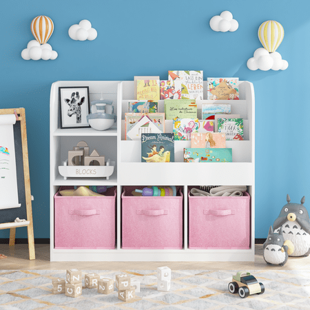 Seizeen Bookshelf for Kids, 3-Tier Wooden Bookshelf with Toy Storage, Toddler Bookcase Toy Organizer for Bedroom Playroom, 31.5''H