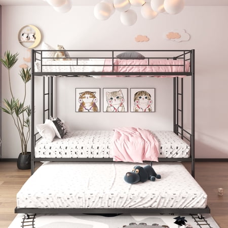 Seizeen Bunk Bed Twin Over Twin, Triple Bunk Bed Sturdy Metal Bed Frame, Black twin over twin Bunk Bed with Trundle for Teens Adults w/Ladders and Rails, No Box Spring Needed