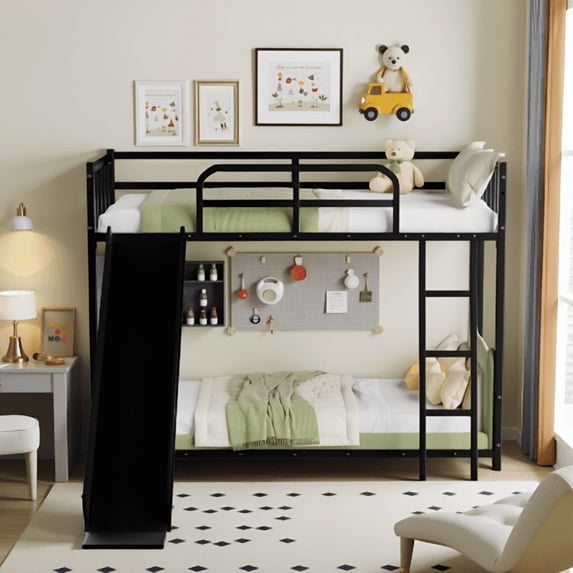 Seizeen Bunk Bed with Slide & Ladder, Metal Frame, Safety Guard Rails, Space-Saving Design, Noise Free, Black