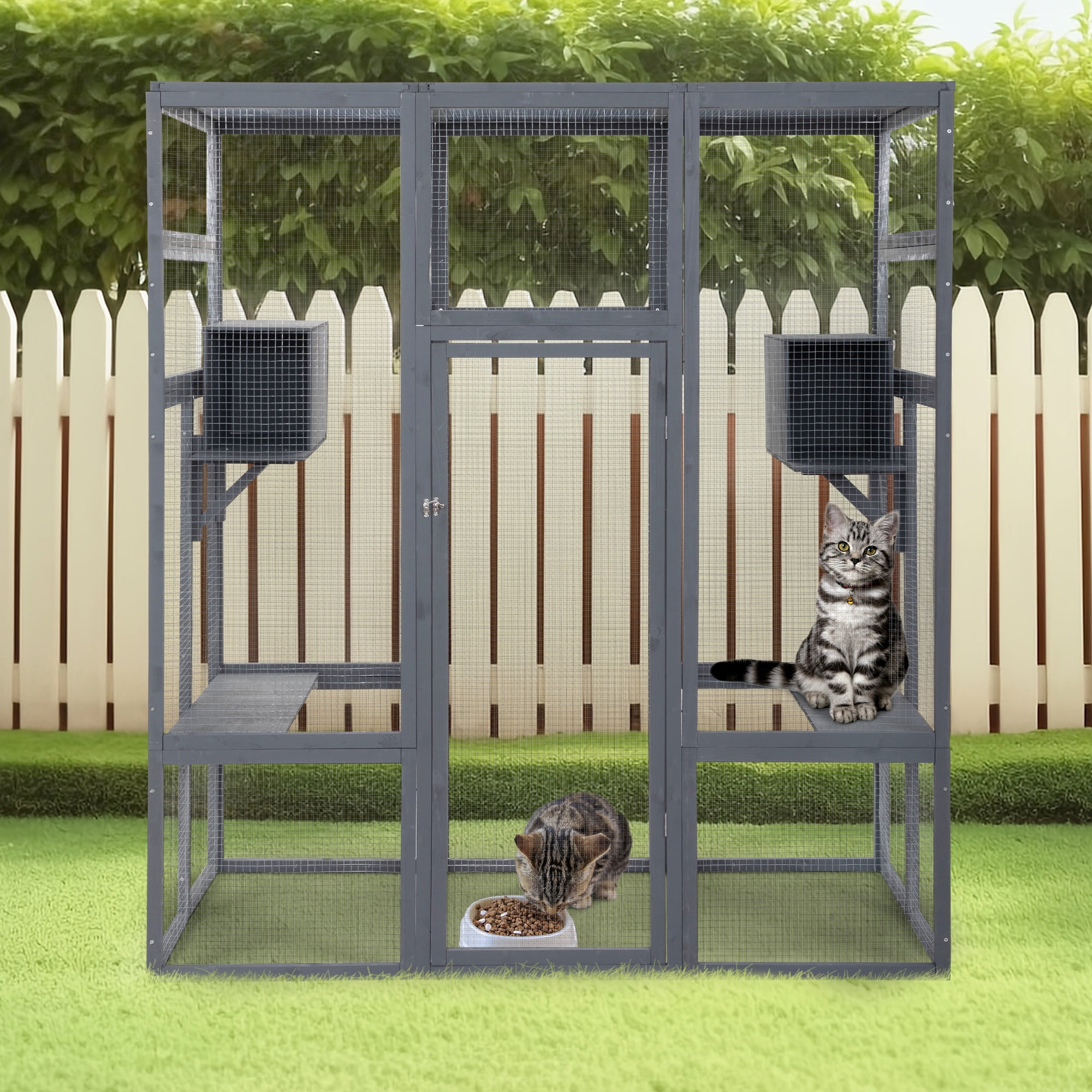Seizeen Catio Enclosure for Cats 70 H Outdoor Cat House w Bench Platform for Kitty Indoor Use Large Wooden Cat Cage with Resting Box Shade Panel
