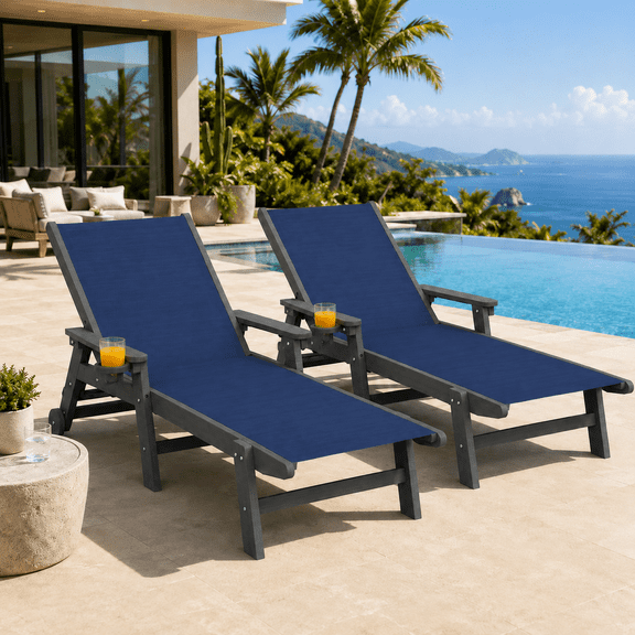 Seizeen HDPE Chaise Lounge Chair, 2-Piece Lawn Pool Chair Foldable, Outdoor Textilene Sun Recliner w/ 5 Adjustable Backrest, Heavy-duty Steel Frame, Blue