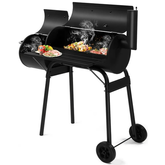 Seizeen Charcoal Grill, Outdoor BBQ Grill & Smoker with Storage Shelf, Portable Barbecue Cooker on Wheels, with Small Table, Thermometer, Adjustable Damper