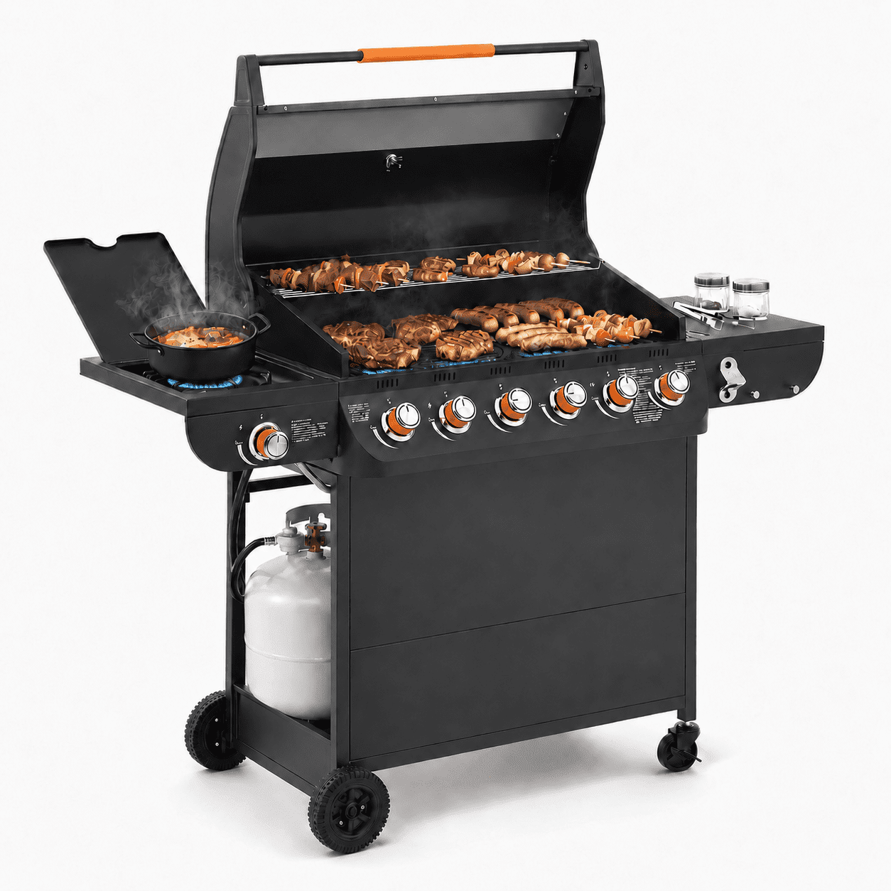 72,000 BTU Gas Grills Clearance, 6-Burner Propane BBQ Grill with Side Burner, 650 Sq.In Cooking Area, Cast Iron Grates, Warming Rack, Thermometer, Outdoor Grill for Patio Backyard