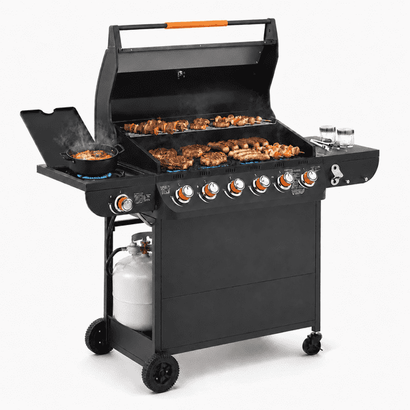 72,000 BTU Gas Grills Clearance, 6-Burner Propane BBQ Grill with Side Burner, 650 Sq.In Cooking Area, Cast Iron Grates, Warming Rack, Thermometer, Outdoor Grill for Patio Backyard