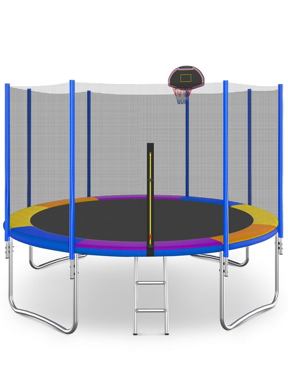Seizeen Colorful Trampoline for Kids, 12FT Round Trampoline W/ Outer Enclosure,  Upgraded Trampoline with Hoop